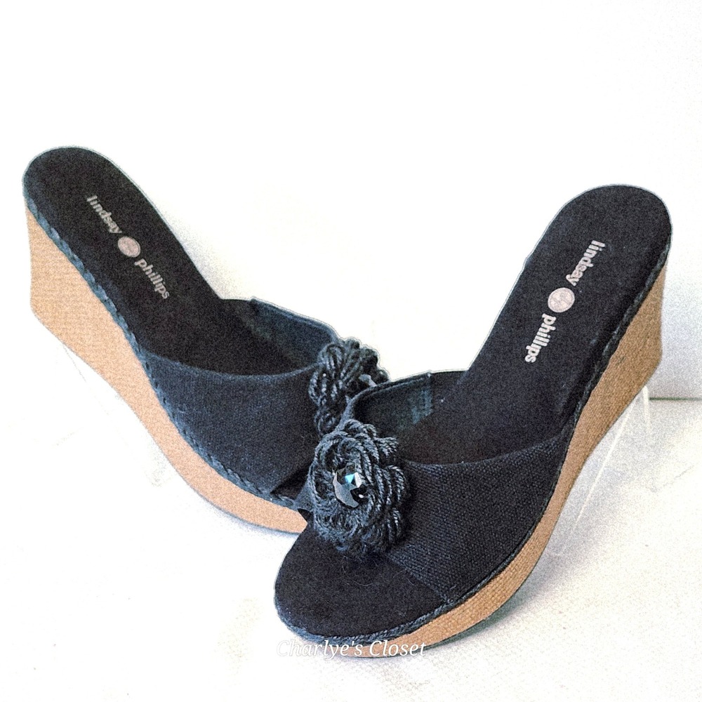 Lindsay Phillips Rosette Snap Jewel Wedge Sandals 8 NWOB Raffia HWGL2